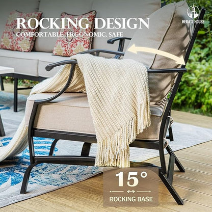 HERA'S HOUSE Outdoor Chairs Set of 2, 2 x Patio Chair with Beige Cushions, All Weather Outdoor Furniture for Lawn Garden Backyard Deck(Rocking Chairs)