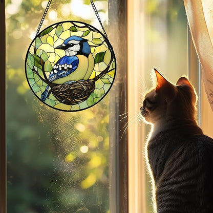 Stained Glass Window Hanging 4 Pcs Set Bird Theme On Branch Large 15" - Cardinal Suncatcher Door Garden Sun Catcher Decor Birthday Christmas for Mom Woman Nana Men