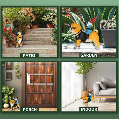 Garden Gnome Statue Holding Sword Outdoor, Funny Garden Gnome Riding Dog Statue Decoration Lawn Figurines for Home Patio Yard Garden Decor Indoor Outdoor, Housewarming Garden Gift