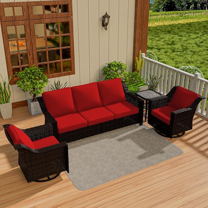 Vista Vibe 4 Pieces Outdoor Patio Conversation Furniture Set - 78" 3-Seat Sofa | 2 Swivel Glider Rocker Chairs | Wicker End Table, Rattan Loveseat, Upholstered Couch, Garden, Deck (Brown/Red)