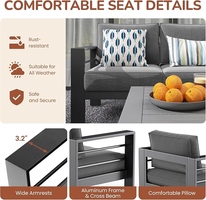 Solaste Aluminum Patio Furniture Set with Fire Pit Table, 4 Piece Metal Outdoor Furniture with Water-Resistant Cushions, Modern Patio Conversation Set for Balcony, Front Porch, and Backyard, Grey
