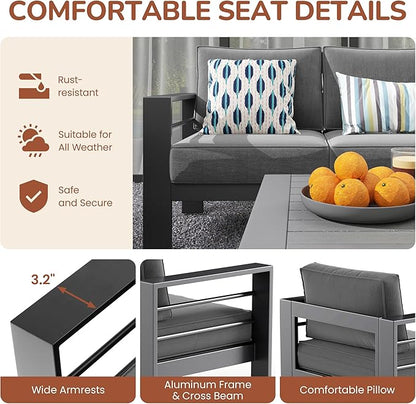 Solaste Aluminum Patio Furniture Set for All Weather, Oversized Metal Outdoor Furniture Set with 27.5" Deep Seating and 3.2" Wide Armrest, Outdoor Patio Conversation Sets with 5" Cushion, Dark Grey