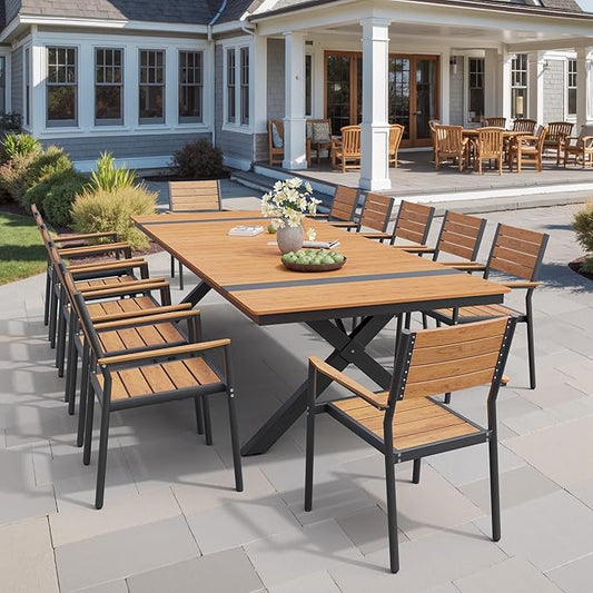 Pellebant 13 Piece Patio Table and Chairs Set for 12, Aluminum Outdoor Dining Set with Umbrella Hole, Stackable Dining Chairs & 114" Dining Table, Brown