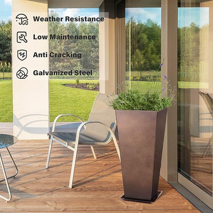 KOL 25''H. Tall Galvanized Steel Planter with Saucer, Set of 2, Planter Pots with Drainage Hole for Indoor & Outdoor Use, Decorative Flower Plant Pots for Front Porch, Patio, Deck - Rust Color