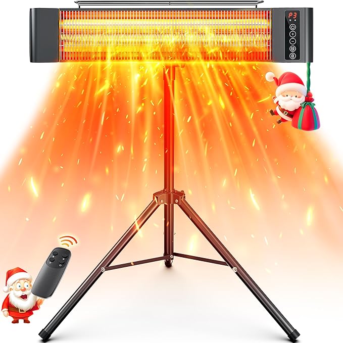 VAGKRI Outdoor Heaters, Electric Infrared Patio Heater with Remote and 12H Timer, IP65 Waterproof, 3 Heat Levels, Wall Mount or Tripod Stand for Home, Office, Patio, Garage
