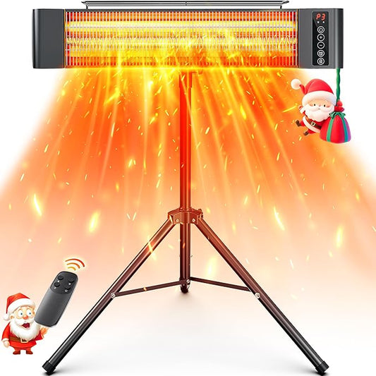 VAGKRI Outdoor Heaters, Electric Infrared Patio Heater with Remote and 12H Timer, IP65 Waterproof, 3 Heat Levels, Wall Mount or Tripod Stand for Home, Office, Patio, Garage