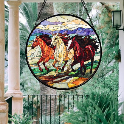Stained Glass Window Hanging, Colorful Landscape Running Horse Suncatcher for Doors Window Home Sun Catchers Decoration Mother's Day Birthday Gifts for Women, Men, and Mom 6.3x6.3 in