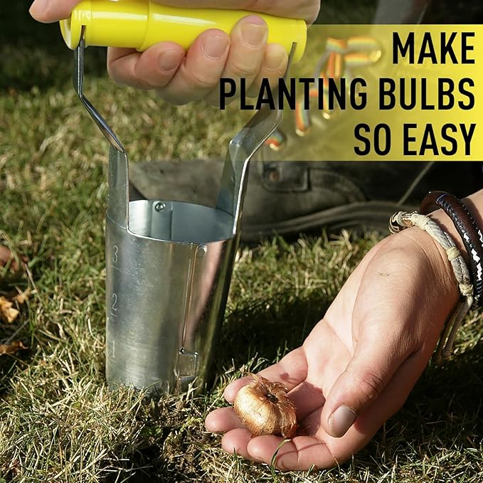 Jardineer Small Bulb Planter Tool– Compact Stainless Steel Transplanter for Bulbs, Seedlings & Flowers – Ergonomic Handle with Depth Markings – Silver & Black– Durable Garden Planting Tool