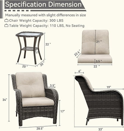 3 Pieces Outdoor Patio Chairs Set - Wicker Patio Conversation Sets with 1 Side Table, Olefin Fabric Cushions Suitable for Backyard Deck and Porch,Beige