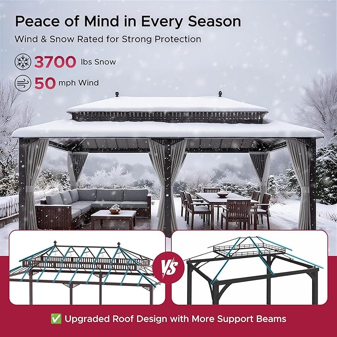 SUNJOY Kingston 20' x 12' Hardtop Gazebo with Galvanized Steel Double Roof, Curtain and Netting, Brown Aluminum Posts Permanent Pavilion Gazebo for Garden, Patio, Deck, Lawn