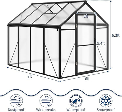 6 x 8 ft Greenhouse, Greenhouses for Outside, Polycarbonate Greenhouse with Aluminum Frame, Lockable Door and Ajustable Roof Vent for Backyard, Green Houses for Outside Garden Backyard, Patio