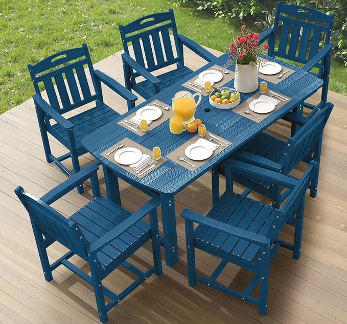 Ciokea HDPE Outdoor Dining Set 7-Piece Patio Table and Chairs with Umbrella Hole, All-Weather Patio Dining Set for 6, Durable Patio Furniture Set for Backyard, Garden, Lawn & Poolside, Navy Blue