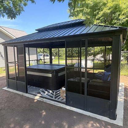 PURPLE LEAF 12' X 16' Solarium Sunroom Permanent Hardtop Screened Gazebo Galvanized Steel Double Roof Aluminum Outdoor Enclosed Gazebo for Hot Tub Lawn Deck Backyard Grey