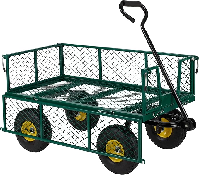 Finnhomy Heavy Duty 1000 Lbs Capacity Mesh Steel Garden Cart, Pullable Garden Wagons Carts on Wheels, Folding Utility Wagon with Removable Sides for Outdoor, Yard, Lawn, Green