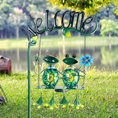 HONGLAND Outdoor Garden Solar Lights,Frog Swing Garden Decor,Frog Decorative Stake with Welcome Sign for Landscape Patio Yard (48 inch)