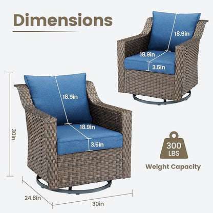 Outdoor Patio Wicker Swivel Chairs - Set of 4 Outside Rattan Rocker Glider Chair Rocking Armchairs for Front Porch Balcony Backyard Yard Deck Poolside Apartment – Brown/Blue