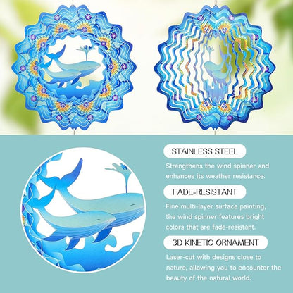Whale Wind Spinners Garden Yard Decor Gift for Women Men, 12 Inch Outdoor Metal 3D Wind Spinner, Stainless Steel Hanging Wind Catchers Kinetic Sculpture for Outside Decoration