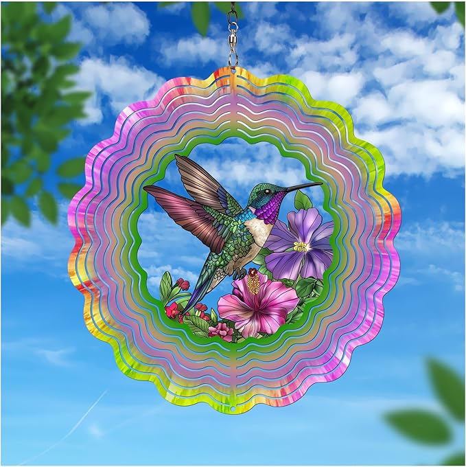 Hummingbird Wind Spinners Garden Decor as Birthday Gifts for Women Mom,12 inch 3D Stainless Steel Hanging Wind Spinner Metal Catchers Kinetic Sculpture for Outdoor Decor, Patio,Yard Decorations