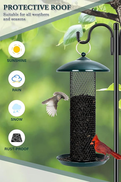 Gtongoko Bird Feeder for Outside, Metal Mesh Tube Bird Feeders 2.5 lbs for Sunflower Seeds or Mealworm, Large Capacity, Green, 1 Pack