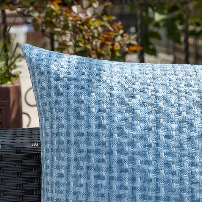 Kevin Textile Outdoor Waterproof Throw Pillow Covers Pack of 2 Weaving Texture Water Resistant Outside Decorative Cushion Covers for Garden Patio Tent Balcony Bench Couch Sofa 16x16 Inch, Light Blue