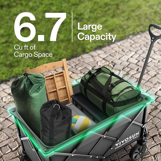 VIVOSUN Collapsible Folding Wagon, 350 lb Load-Bearing Outdoor Utility Cart with Silent Universal Wheels, Cup Holders &Side Pockets, Adjustable Handle, for Camping, Garden, Sports, Picnic, Shopping