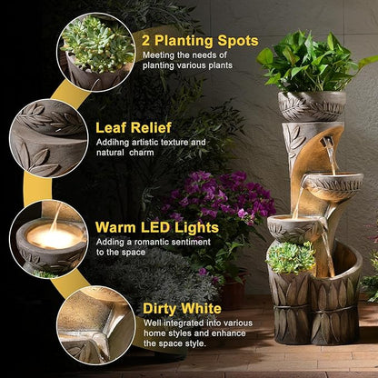 35.6" H Outdoor Water Fountain - Relief Leaf Design 4 Tiers Modern Cascading Bowls and Garden Fountains with Lights for Patio, Deck, Porch, Lawns, Backyard and Home Art Decor