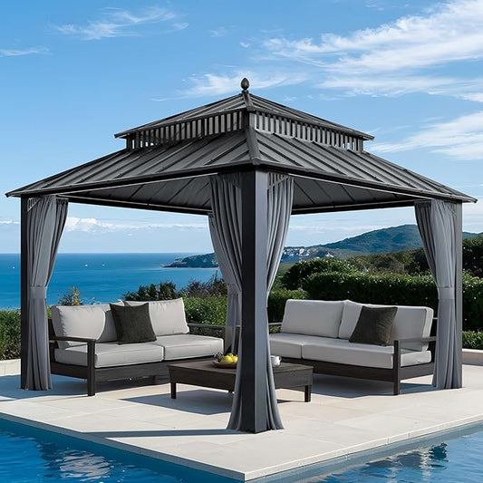 SUNJOY Kingston 12' x 12' Hardtop Gazebo with Galvanized Steel Double Roof, Curtain and Netting, Gray Aluminum Posts Permanent Pavilion Gazebo for Garden, Patio, Deck, Lawn