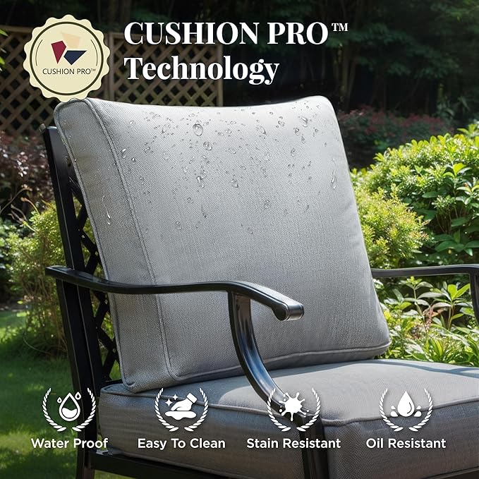 Patio Furniture Set 4 pcs, Metal Outdoor Patio Furniture, 3-Seat Sofa, 2 Single Chairs, Metal Coffee Table and 5.75" Extra Thick Cushion, Patio Conversation Set for Garden Backyard Deck,Grey