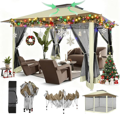 COBIZI 12x12 Pop Up Gazebo On Clearance - Upgrade Easy Up Metal Outdoor Canopy Waterproof - Portable Gazebo with Mosquito Nettings, 4 Ropes 8 Stakes and Carry Bag for Patio Garden(Khaki)