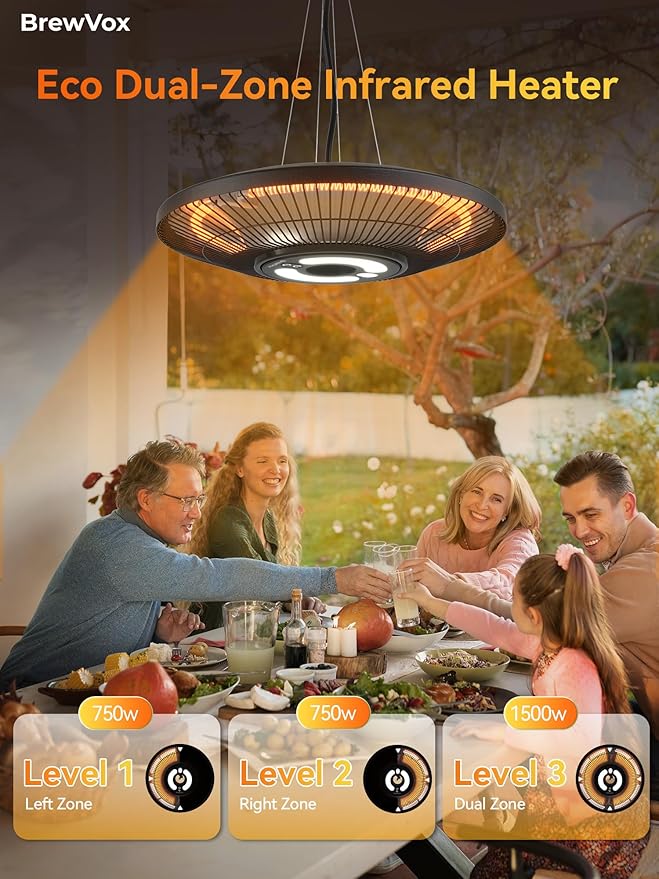 Carbon Infrared Outdoor Patio Hanging Heater with LED Night Light, Smart App-Controlled Remote On/Off, 24H Timer for Living Room, Bedroom, Garage