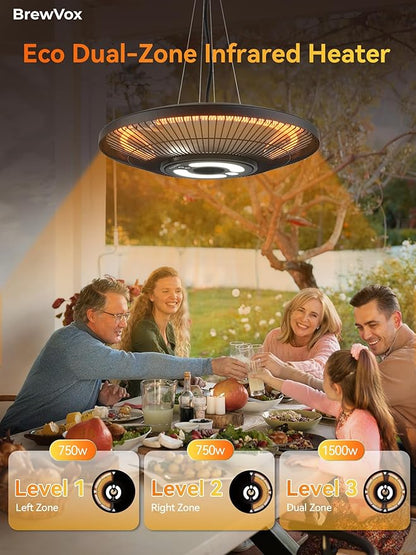 Carbon Infrared Outdoor Patio Hanging Heater with LED Night Light, Smart App-Controlled Remote On/Off, 24H Timer for Living Room, Bedroom, Garage