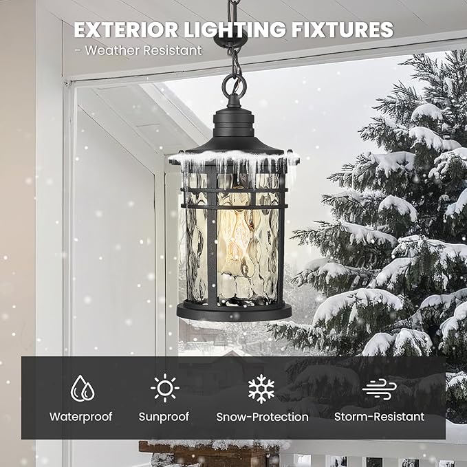 Outdoor Pendant Lights for Porch Aluminum Hanging Porch Light with Water Ripple Glass Hanging Lantern for Front Patio Gazebo Foyer or Garage