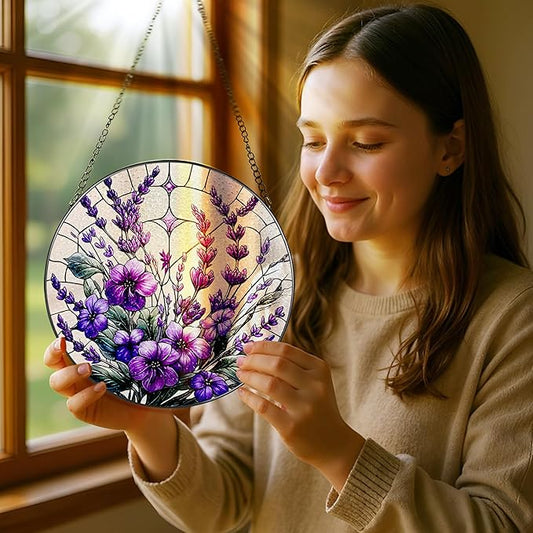 Bauhinia&Violets Flower Stained Glass Suncatcher, Stained Glass Window Hanging, 8 Inch Window Hanging Decor, Christmas, Mother's Day, Birthday Gifts for Mom, Grandma, Women, Wife, Lovers