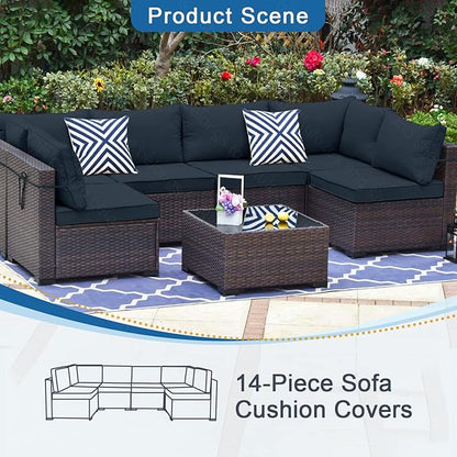 14 PCs Patio Cushion Covers for 7 PCs Outdoor Furniture Sectional Seating Sets Water Resistant Plus 2 Throw Pillows (Blue, 24.8(L)*24.8(W)*3.14(T) inches)