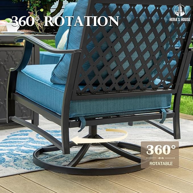 HERA'S HOUSE 4 Pieces Patio Furniture Set with Fire Pit Table, 2 x Swivel Cushioned Chair, 3-Seat Sofa with 45" Fire Pit Table, Outdoor Conversation Set for Garden Poolside Backyard, Pacific Blue
