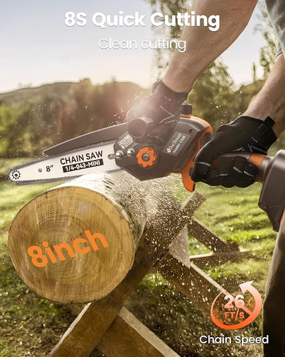 Mini Chainsaw Cordless, 8 inch & 6 inch Electric Chain Saw with 2 Pack Rechargeable Batteries, Battery Powered Handheld Saw Gardening Tools for Trees Branches Trimming Wood Cutting, Orange