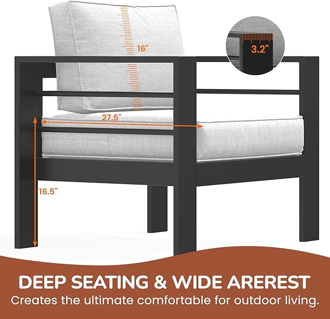 Solaste Aluminum Patio Furniture Set, 5 Seats Modern Outdoor Conversation Set Sectional Sofa with Upgrade Cushion and Coffee Table,Black Frame and Grey Cushion