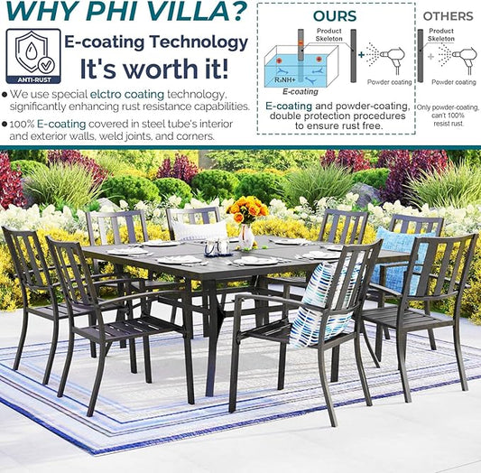 PHI VILLA 9 Pieces Outdoor Dining Table Set for 8, 60” Square Metal Dining Table & Stackable Dining Chairs, Large Dining Furniture Set for Patio, Deck, Yard, Porch