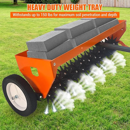 Tow Behind Aerator 40 Inch with Steel Teeth and Transport Wheels, Adjustable Handle Pull Behind Plug Aerator with Tray for Farm Lawn Garden, Durable Lawn Aeration Tool
