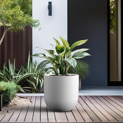 Kante 11.0" Round Concrete Planter, Large Cylinder Plant Pot with Curved Bottom and Drainage Hole, for Indoor and Outdoor Use – Garden or Patio, White Finish with Aqua Blue Interior