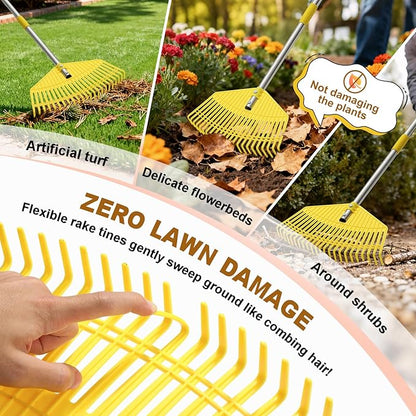 Garden Rake for Leaves - Extra Wide 18" Leaf Rake,Lightweight Long Handle for Women Seniors Kids Effortless Clean-Up,23 Non-Clog Flexible Tines for Lawn-Friendly,65” Adjustable Plastic Rakes for Yard