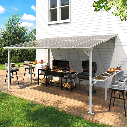 MEISSALIVVE 10' x 14' Wall Mounted Gazebo, Outdoor BBQ Grill Gazebo with Side Shelf, Lean to Metal Awnings with Sloped Roof, Heavy Duty Pergola for Backyard, Deck, White