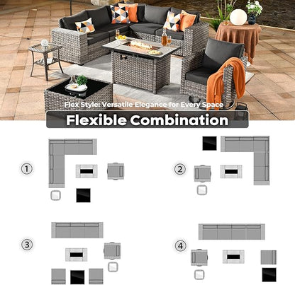 ovios 9 Pieces Patio Furniture Set, Outdoor Wicker Sectional Sofa with 42" Fire Pit Table Swivel Chair, Modern Modular Deep Seat Rattan Couch Conversation Sets, Black