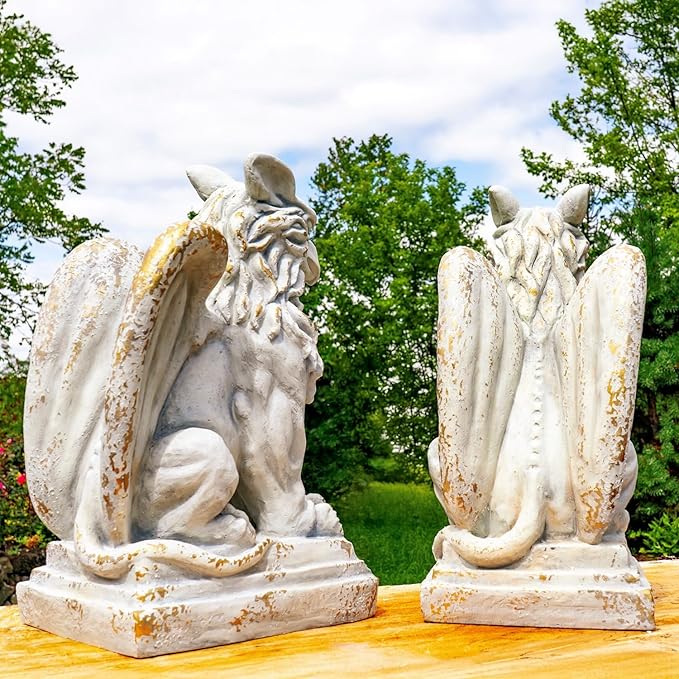 Zaer Ltd. Set of 2 Garden Griffin Statues, Magnesium-Cement Sculptures, 28.3" H Outdoor Entrance Decor (Distressed Gray)