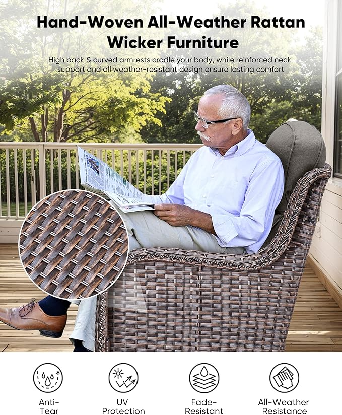 HUMMUH 6 inch Thick Cushion Wicker Patio Furniture Set with Outdoor Swivel Rocker Patio Chairs,High Back Outdoor Couch and Coffee Table for Porch Garden Deck