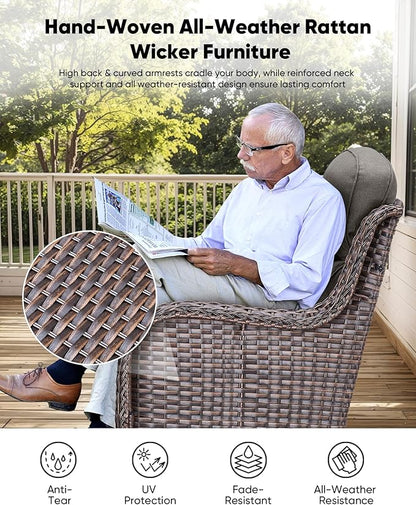HUMMUH 6 inch Thick Cushion Wicker Patio Furniture Set with Outdoor Swivel Rocker Patio Chairs,High Back Outdoor Couch and Coffee Table for Porch Garden Deck
