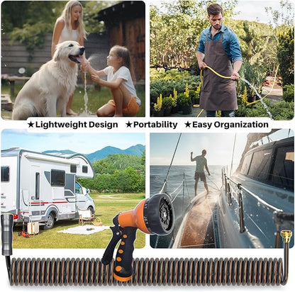 Coil Garden Hose 50 ft,3/8’’ Retractable EVA Coil Hose,Lightweight Recoil Garden Hose with Spray Nozzle, Spiral Water Hose for Boats, RV, House Cleaning, Yard, Gray Orange