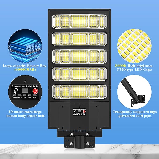 10000W Solar Street Light - 8000K Solar Lights Outdoor IP66 Waterproof,350° Wide Angle Dusk to Dawn,Commercial Solar Parking Lot Lights with Motion Sensor & Remote,LED Flood Light for Yard (2 Pack)