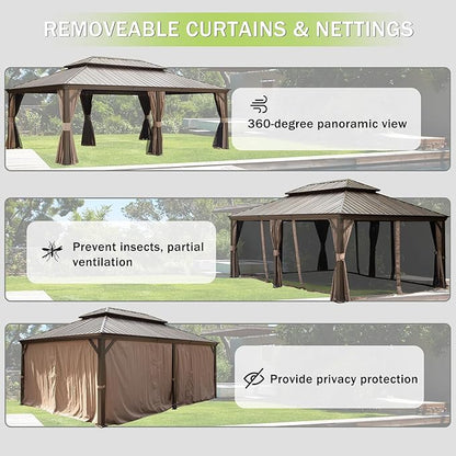 Domi 12x18FT Outdoor Gazebo, Hardtop Gazebo with Galvanized Steel Double Roof, Metal Gazebos with Drainage System Patio Pergola for Patio Deck Backyard,Curtain and Netting,Brown