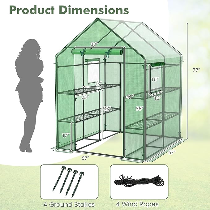Happygrill Walk-in Greenhouse, Portable Greenhouses for Outdoors w/8 Shelves, Roll-Up Zippered Door, 2 Observation Windows & 2 Tiers, Weather-Proof PE Cover, Wind Rope Included, 57”L x 57”W x 77”H